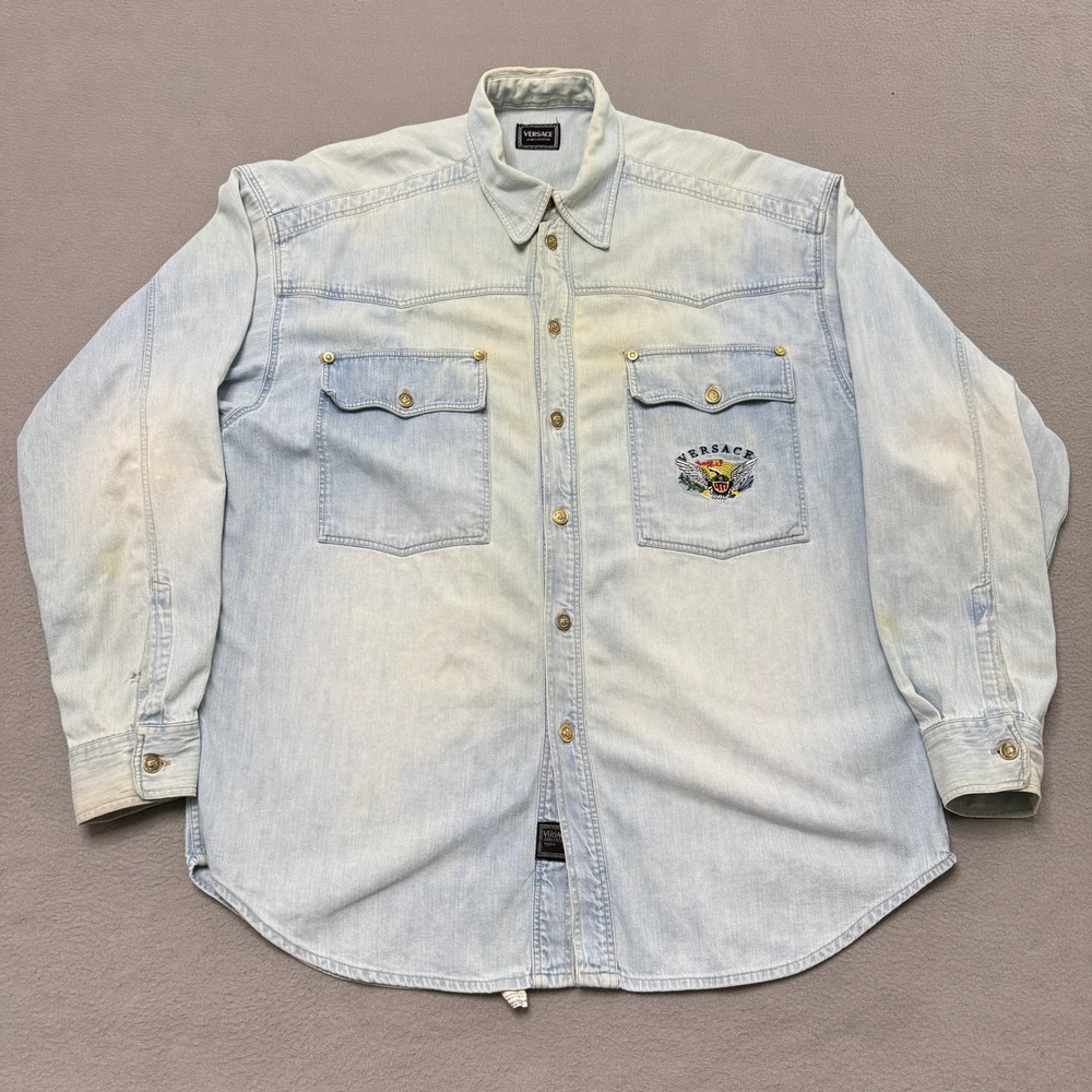 Versace Denim Shirt Mens L Light Blue Jeans Couture Embroidered Eagle Vintage
